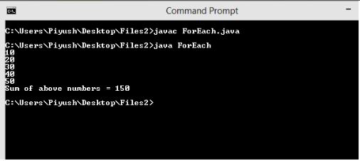 This image describes the output of sample program of for each loops in java.